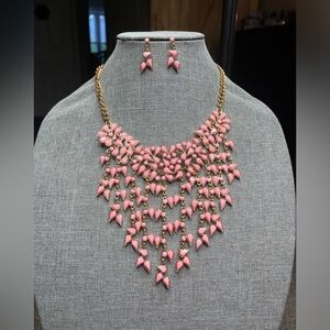 NEW. Gold Tone Pink Cascade Tears Necklace & Earrings Woman Jewelry Set.